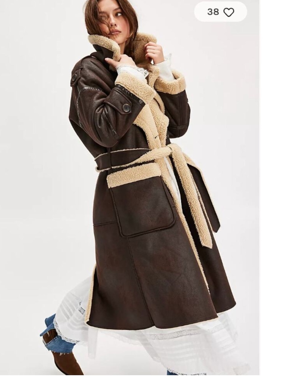 OOF Teddy-Lined Long Brown Shearling Coat with Belt